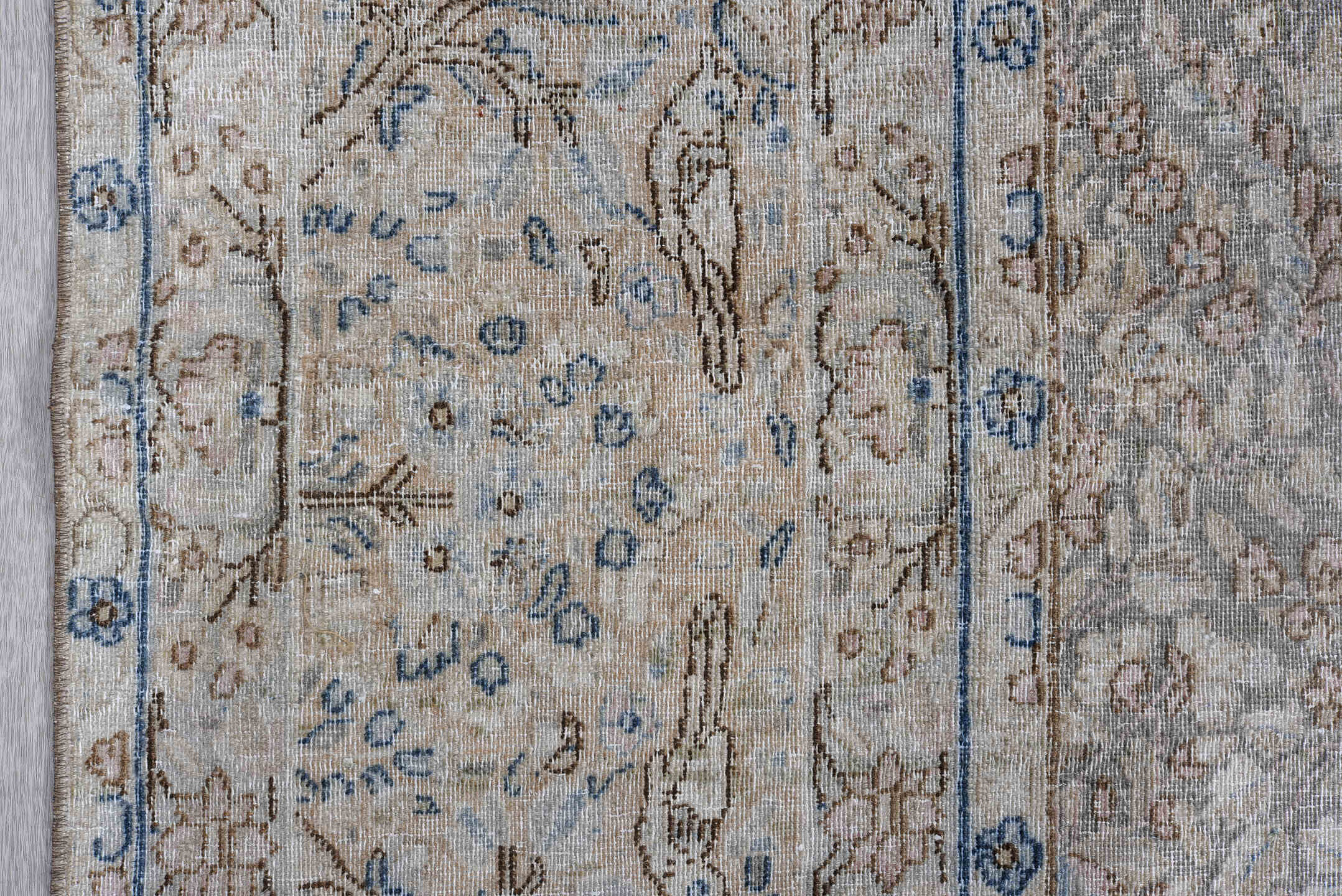 8' x 11' one-of-a-kind handmade antique Tabriz large size rug. Color palette: ivory, taupe, beige, pale blue, camel, gray