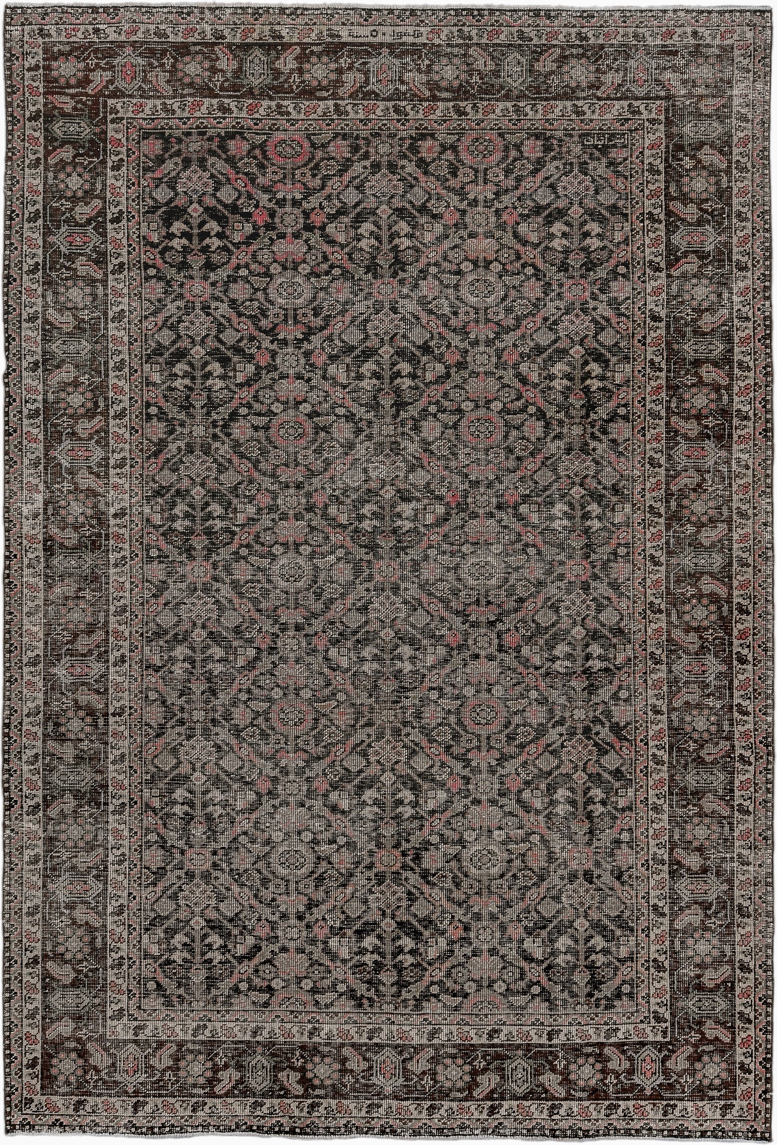 6' x 9' one-of-a-kind handmade antique Mahal medium size rug. Color palette: charcoal, taupe, ivory, rose, brown, gray