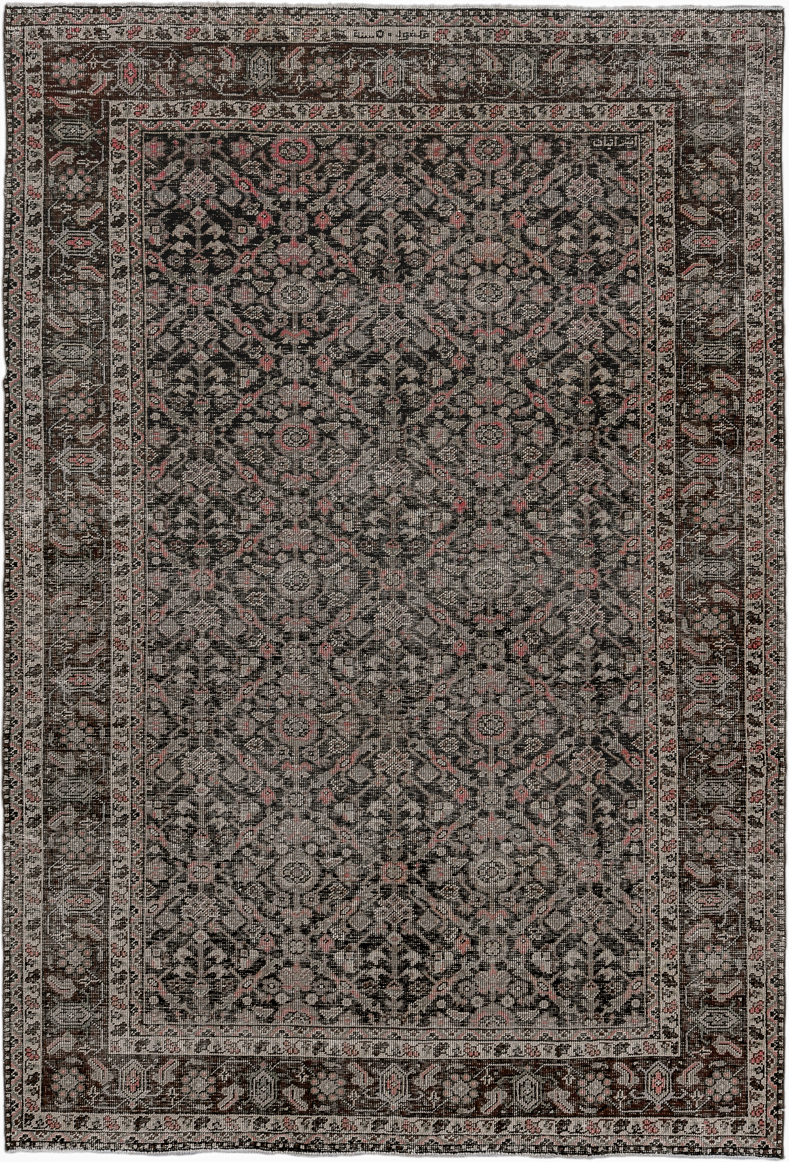 6' x 9' one-of-a-kind handmade antique Mahal medium size rug. Color palette: charcoal, taupe, ivory, rose, brown, gray