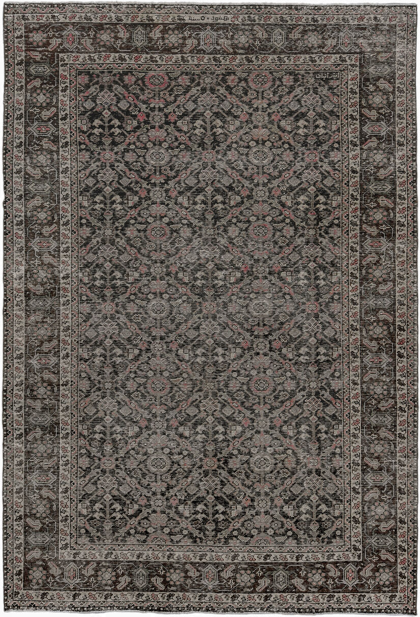 6' x 9' one-of-a-kind handmade antique Mahal medium size rug. Color palette: charcoal, taupe, ivory, rose, brown, gray