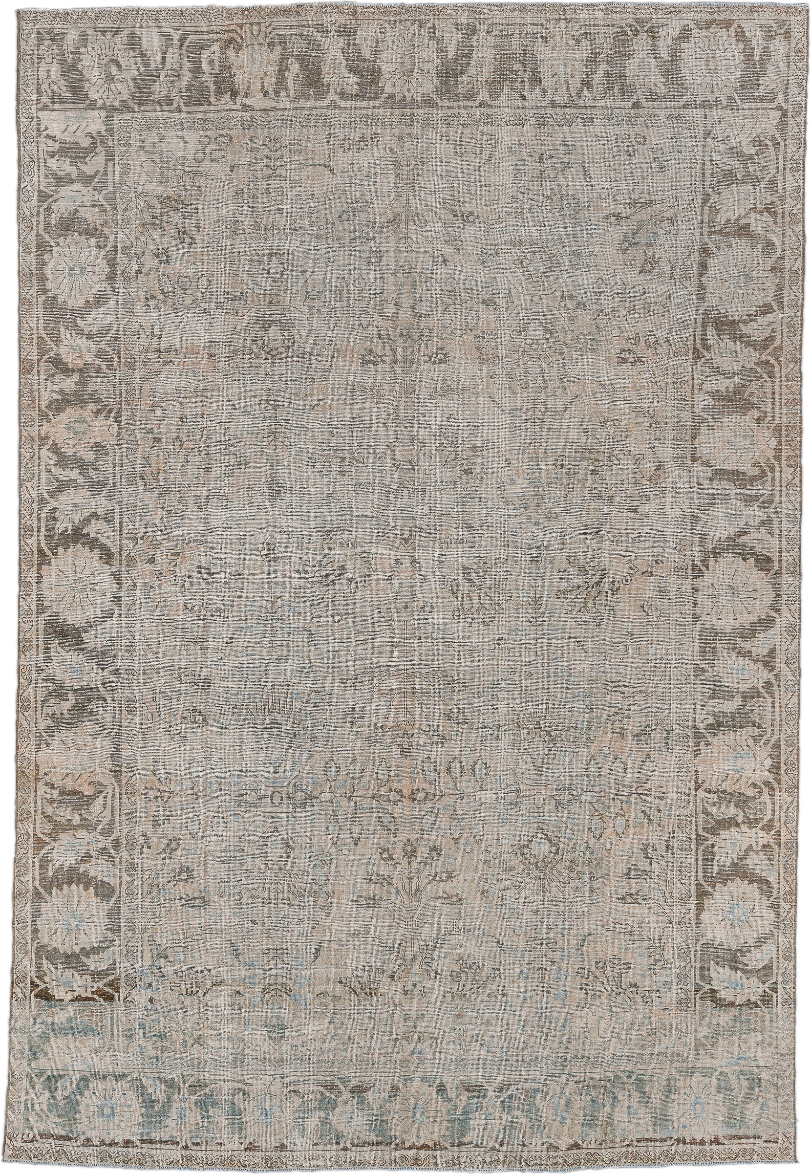 8' x 12' one-of-a-kind handmade antique Mahal large size rug. Color palette: ivory, taupe, gray, pale blue, beige, charcoal