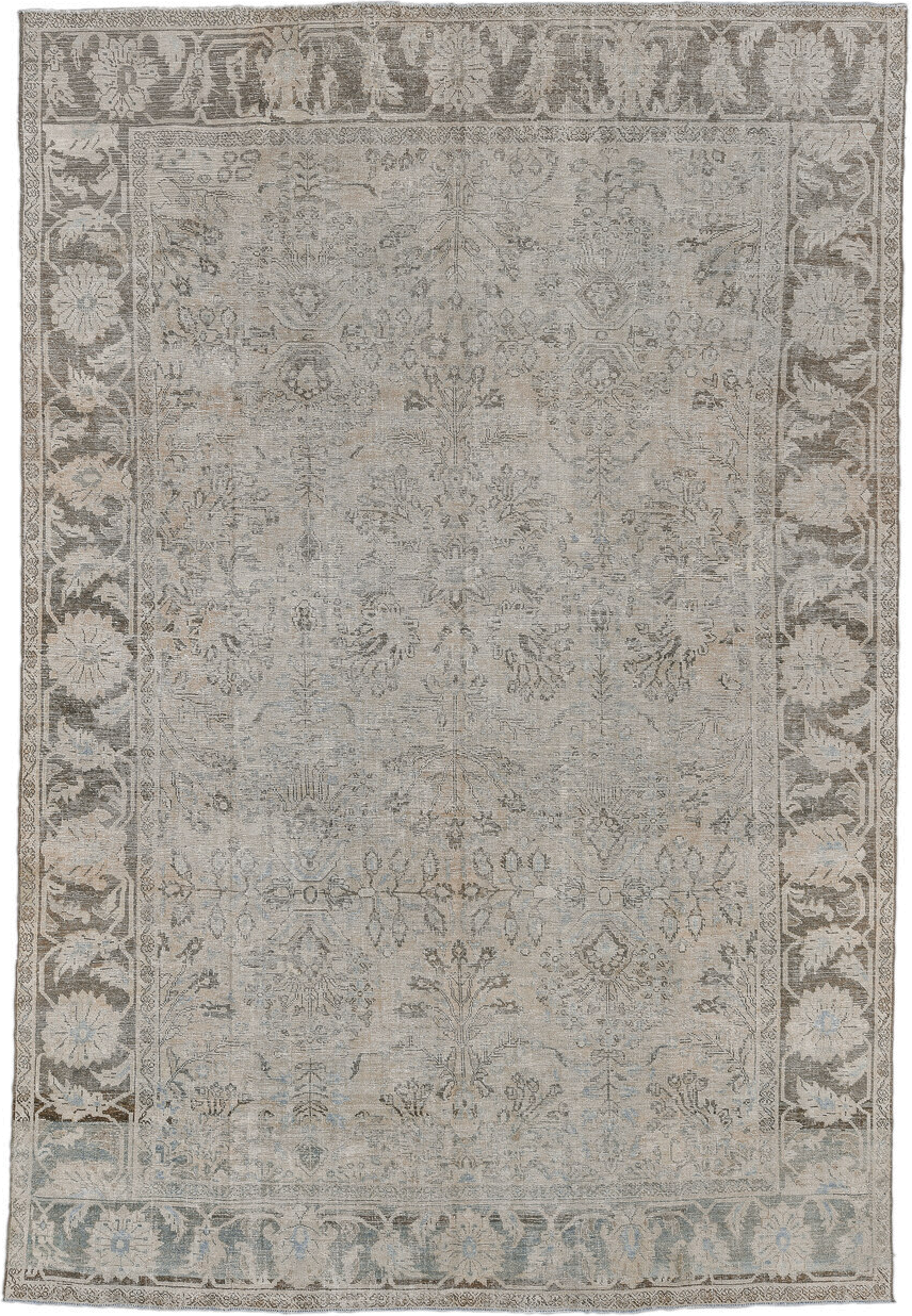 8' x 12' one-of-a-kind handmade antique Mahal large size rug. Color palette: ivory, taupe, gray, pale blue, beige, charcoal