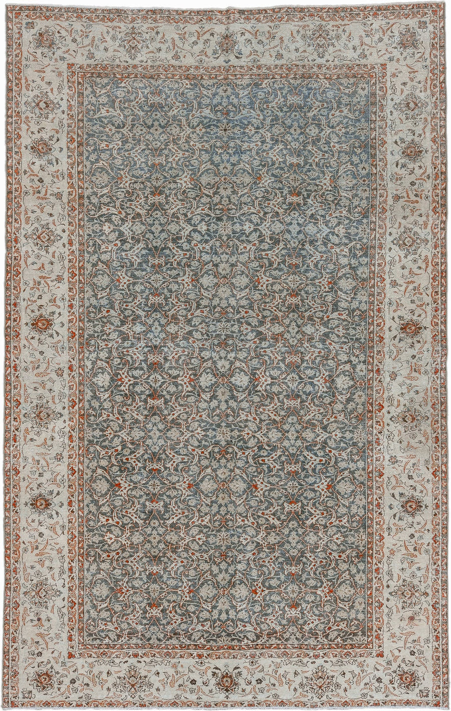 7' x 11' one-of-a-kind handmade antique Tabriz large size rug. Color palette: ivory, blue, taupe, rust, slate, camel, beige