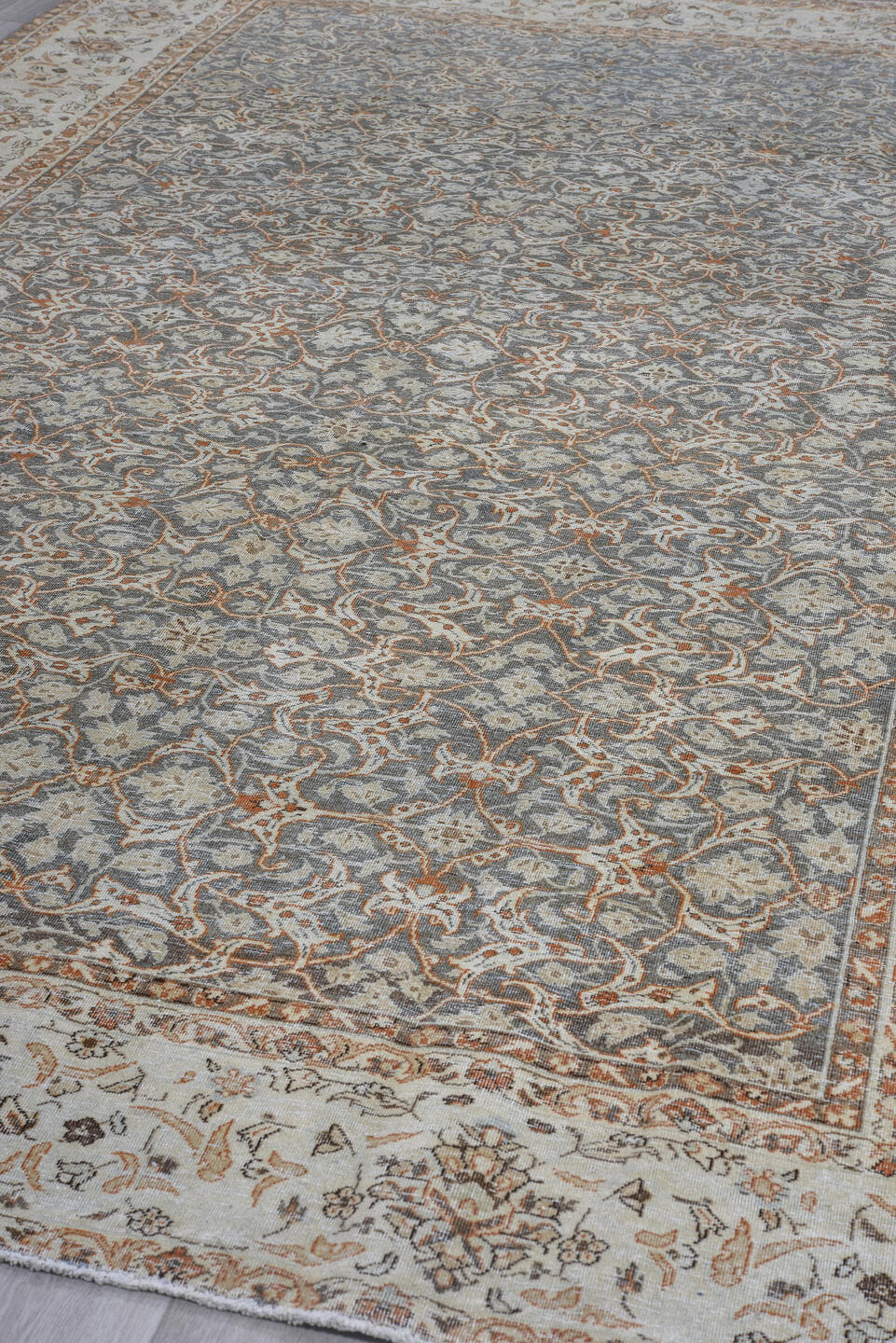 7' x 11' one-of-a-kind handmade antique Tabriz large size rug. Color palette: ivory, blue, taupe, rust, slate, camel, beige