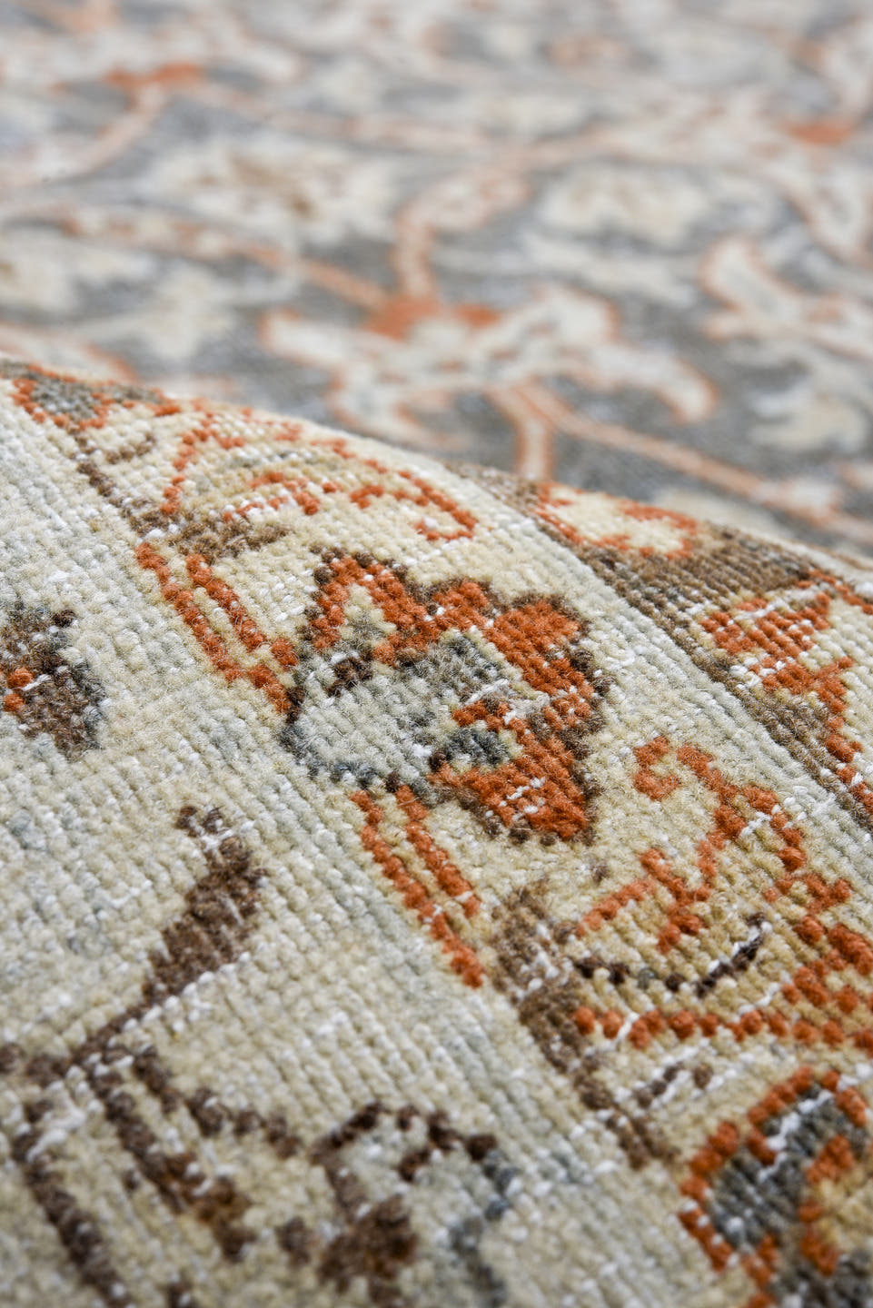 7' x 11' one-of-a-kind handmade antique Tabriz large size rug. Color palette: ivory, blue, taupe, rust, slate, camel, beige