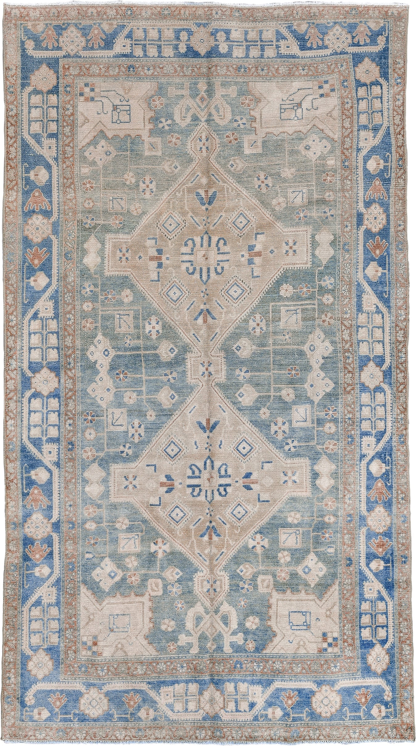 4' x 8' one-of-a-kind handmade antique Hamadan rug. Color palette: ivory, sky blue, pale blue, taupe, camel, rust