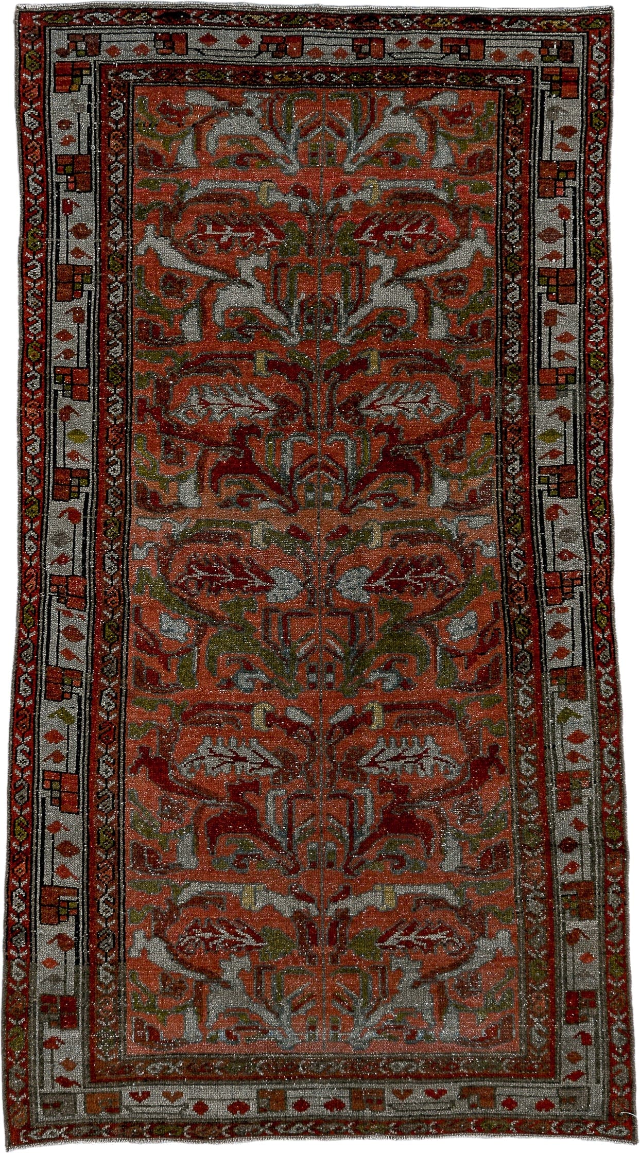 3' x 6' one-of-a-kind handmade antique Lilian small size rug. Color palette: rust, ivory, burgundy, sage, gray, terra cotta