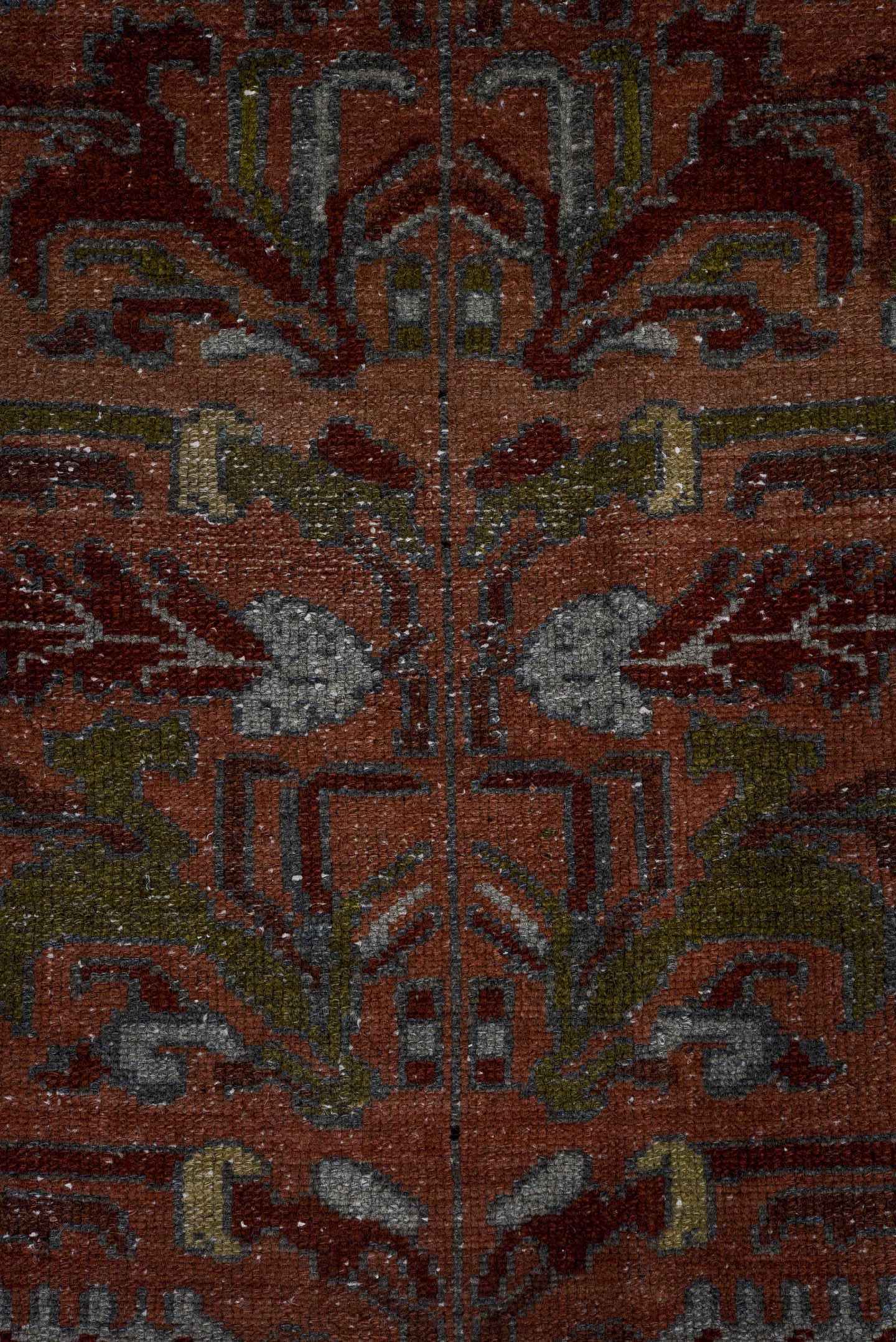 3' x 6' one-of-a-kind handmade antique Lilian small size rug. Color palette: rust, ivory, burgundy, sage, gray, terra cotta