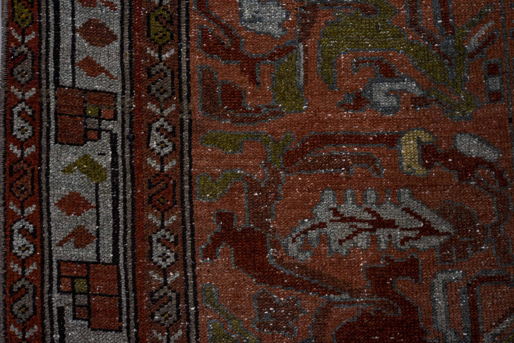 3' x 6' one-of-a-kind handmade antique Lilian small size rug. Color palette: rust, ivory, burgundy, sage, gray, terra cotta