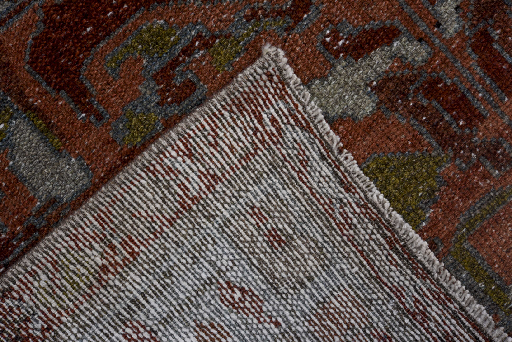 3' x 6' one-of-a-kind handmade antique Lilian small size rug. Color palette: rust, ivory, burgundy, sage, gray, terra cotta
