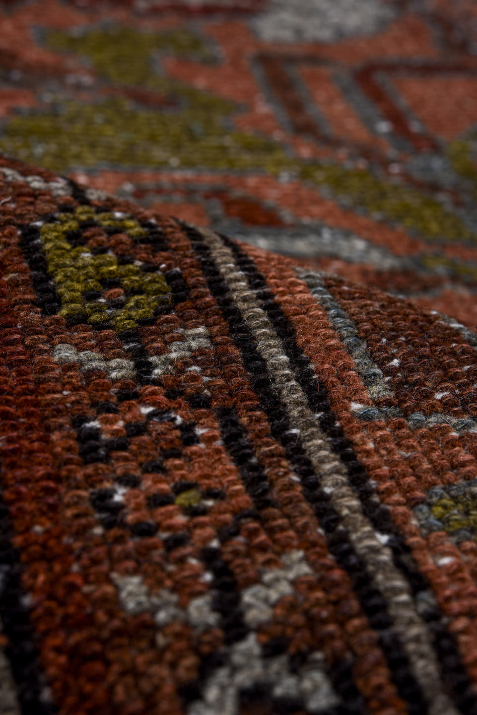 3' x 6' one-of-a-kind handmade antique Lilian small size rug. Color palette: rust, ivory, burgundy, sage, gray, terra cotta