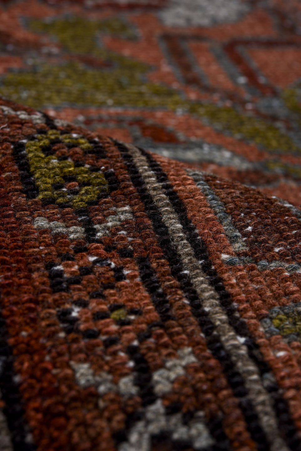 3' x 6' one-of-a-kind handmade antique Lilian small size rug. Color palette: rust, ivory, burgundy, sage, gray, terra cotta