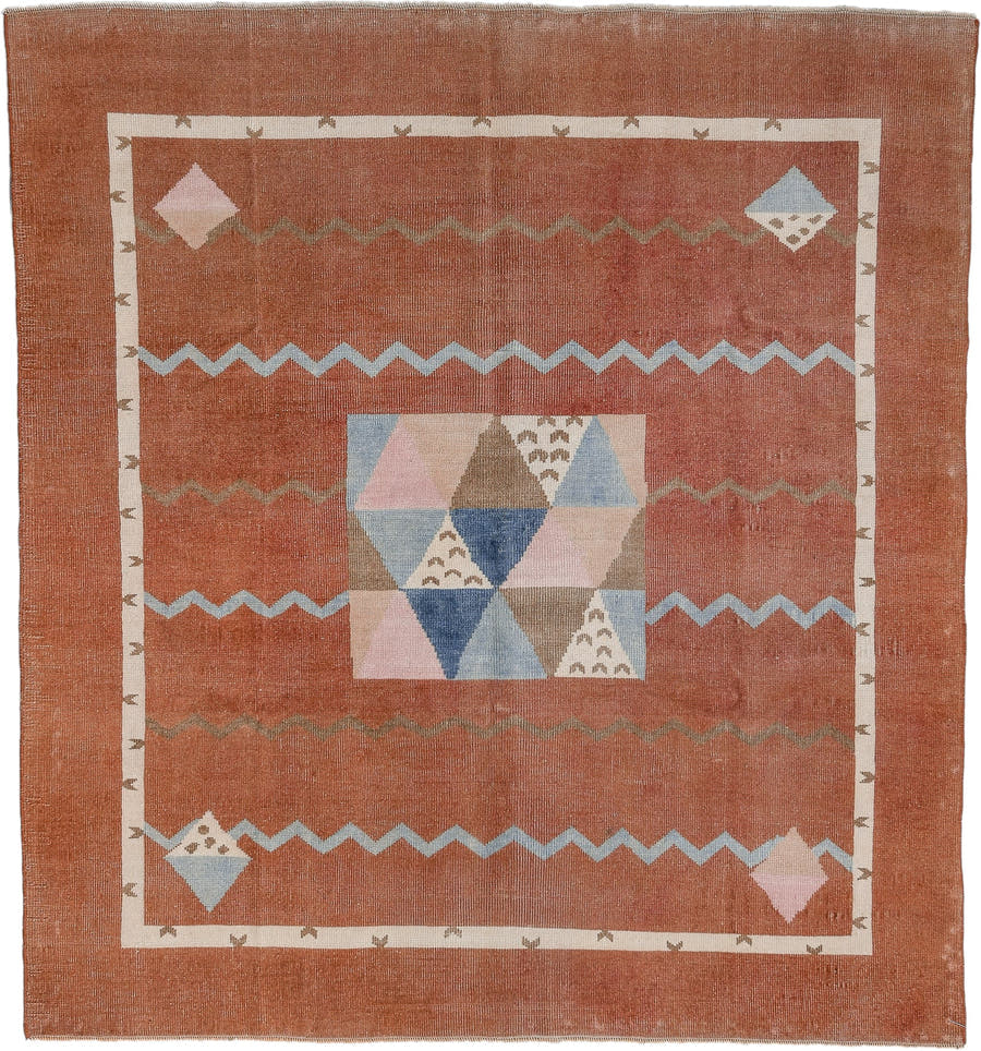 5' x 6' one-of-a-kind handmade antique Art Deco rug. Color palette: terra cotta, ivory, powder blue, taupe, blush, navy
