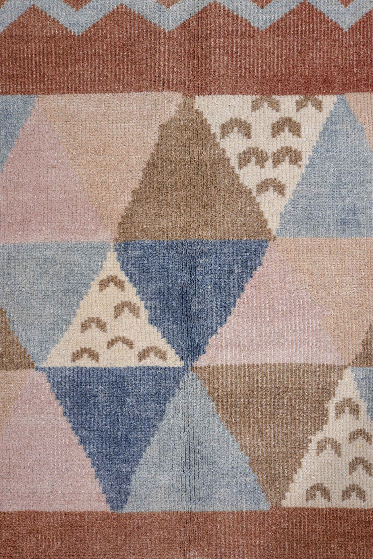 5' x 6' one-of-a-kind handmade antique Art Deco rug. Color palette: terra cotta, ivory, powder blue, taupe, blush, navy
