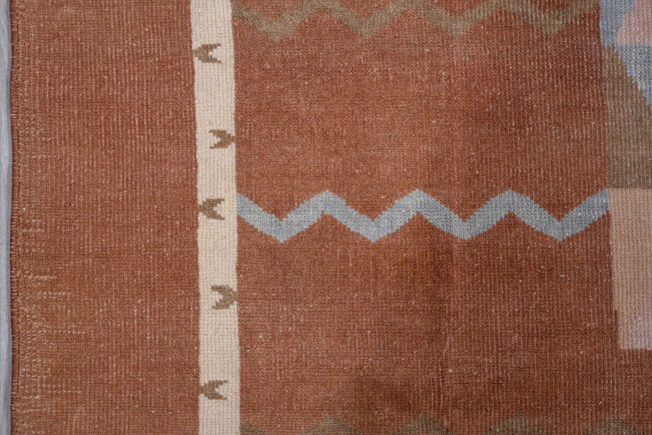 5' x 6' one-of-a-kind handmade antique Art Deco rug. Color palette: terra cotta, ivory, powder blue, taupe, blush, navy
