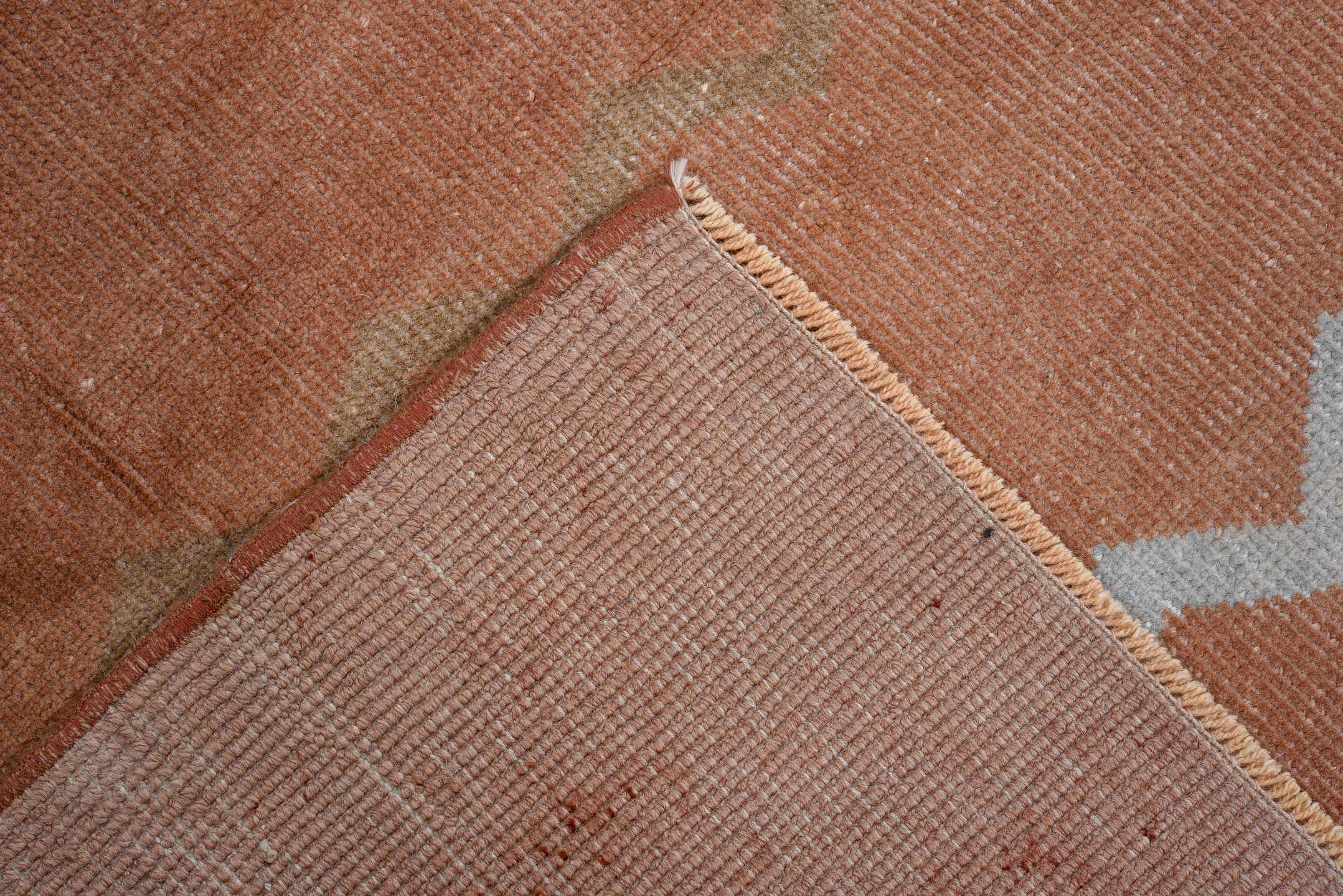 5' x 6' one-of-a-kind handmade antique Art Deco rug. Color palette: terra cotta, ivory, powder blue, taupe, blush, navy