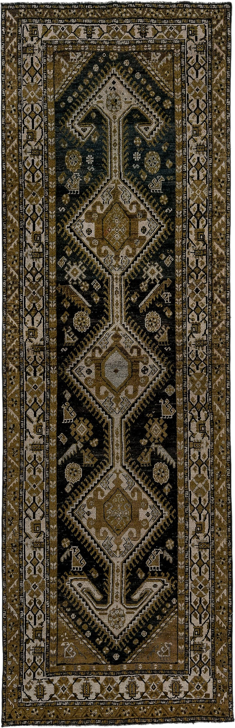 3' x 11' one-of-a-kind handmade antique Kurd runner rug. Color palette: brown, camel, ivory, charcoal, taupe, olive, beige