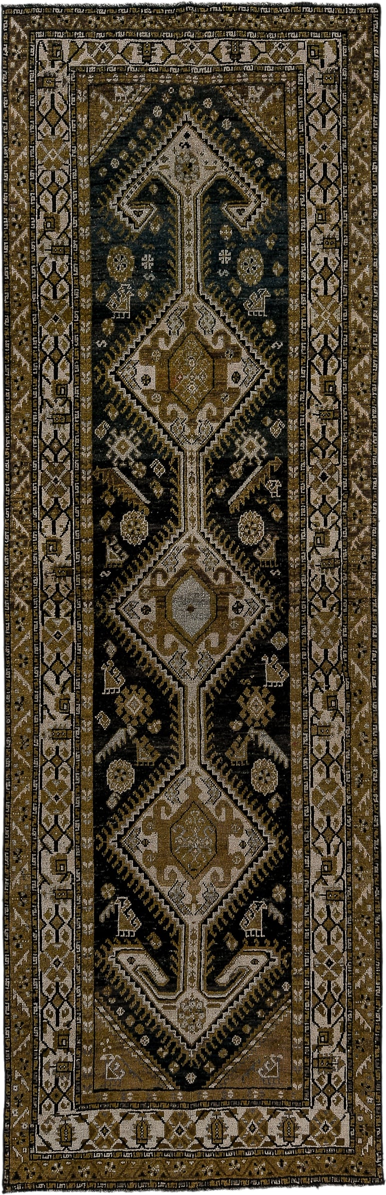 3' x 11' one-of-a-kind handmade antique Kurd runner rug. Color palette: brown, camel, ivory, charcoal, taupe, olive, beige