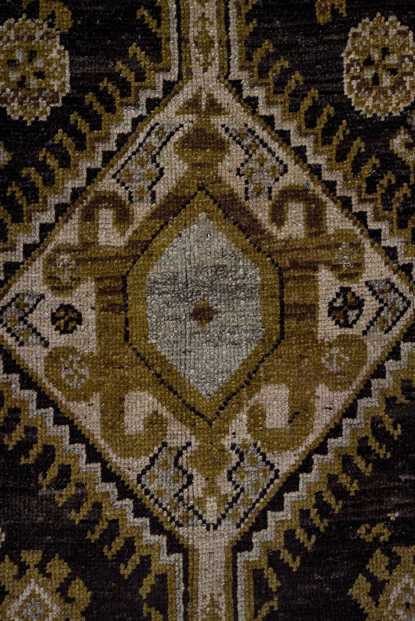 3' x 11' one-of-a-kind handmade antique Kurd runner rug. Color palette: brown, camel, ivory, charcoal, taupe, olive, beige