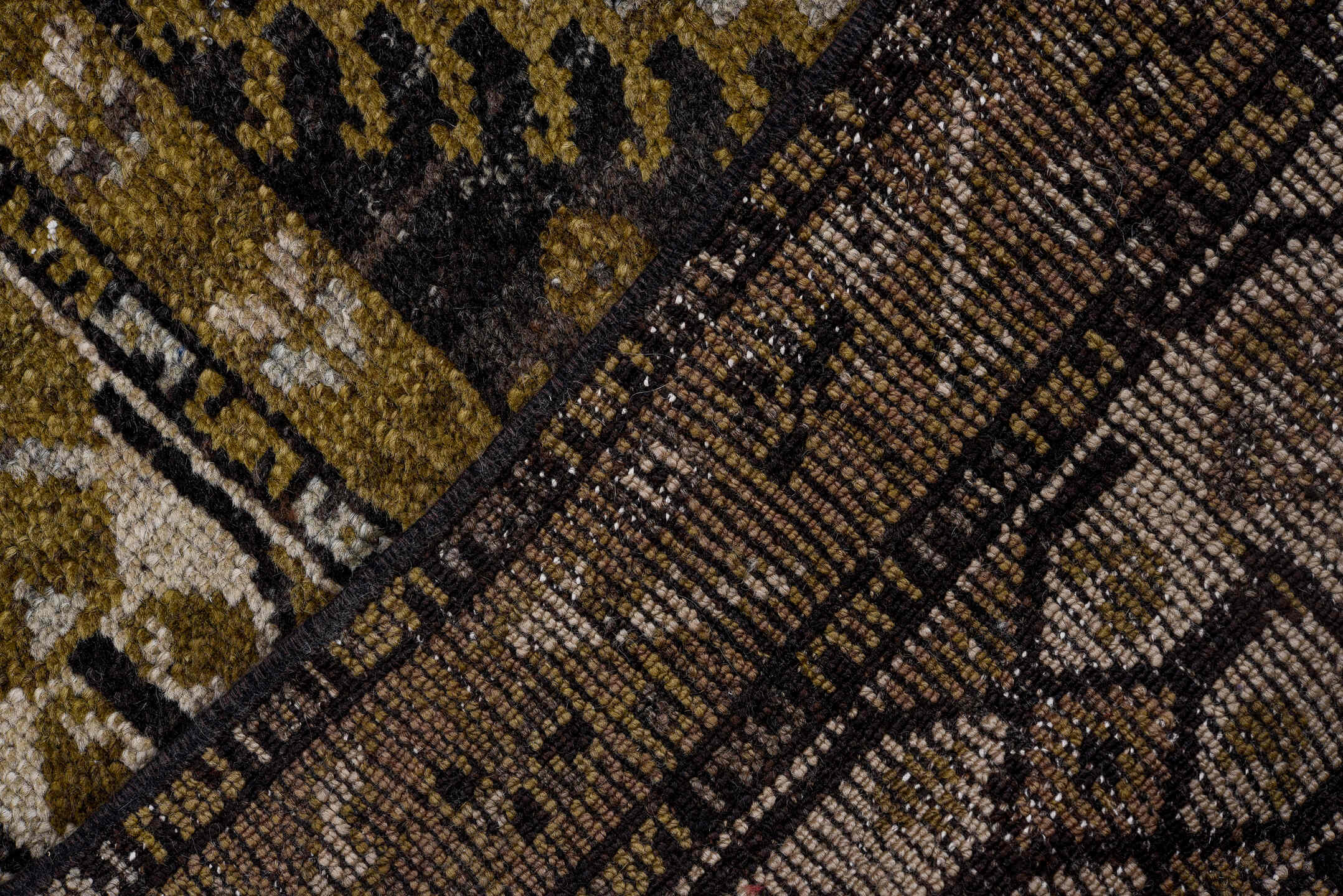 3' x 11' one-of-a-kind handmade antique Kurd runner rug. Color palette: brown, camel, ivory, charcoal, taupe, olive, beige