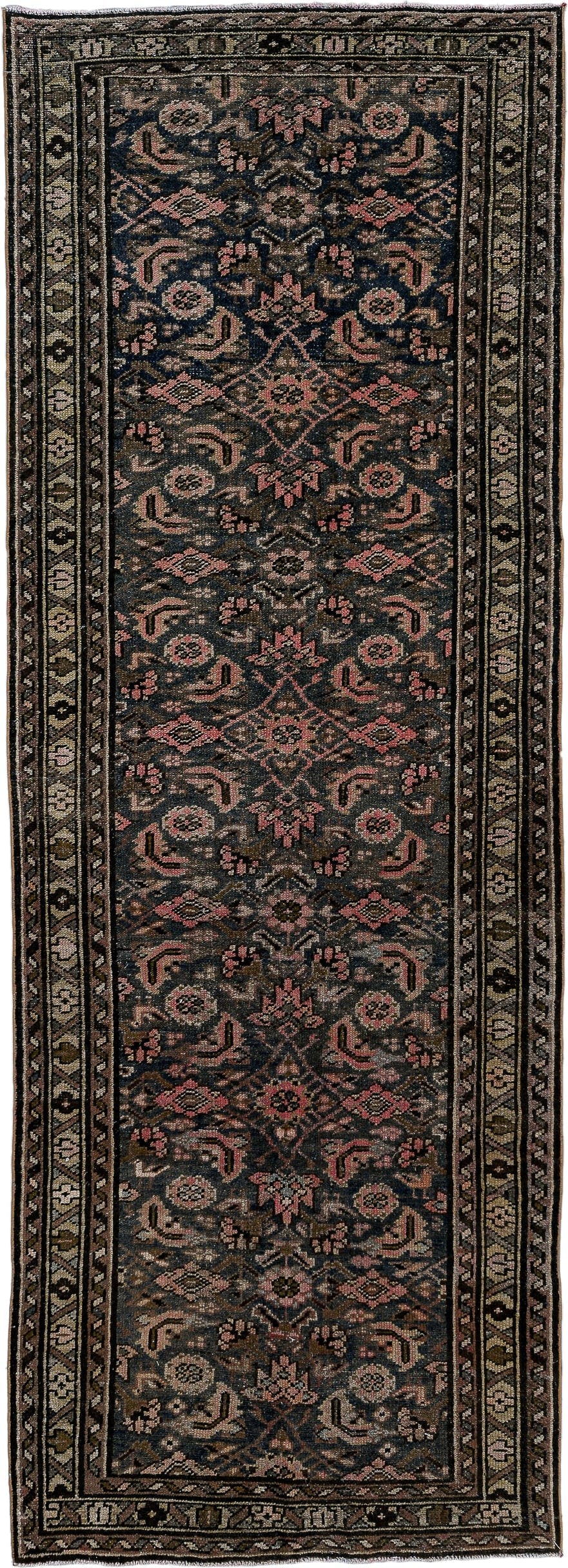 3' x 9' one-of-a-kind handmade antique Malayer runner rug. Color palette: navy, taupe, rose, camel, ivory, charcoal, brown