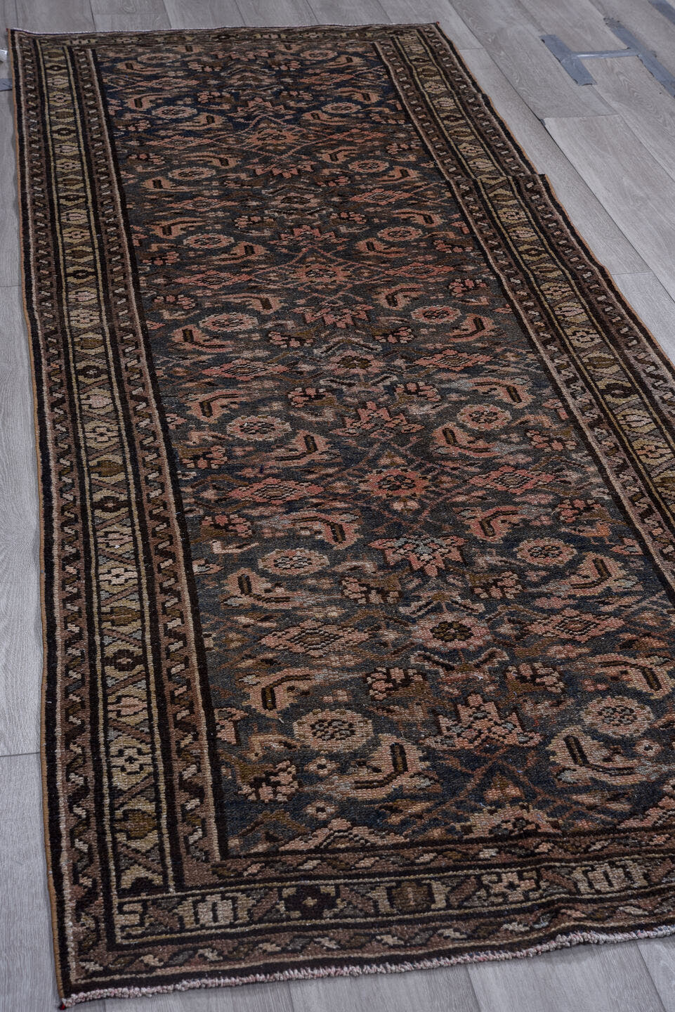 3' x 9' one-of-a-kind handmade antique Malayer runner rug. Color palette: navy, taupe, rose, camel, ivory, charcoal, brown