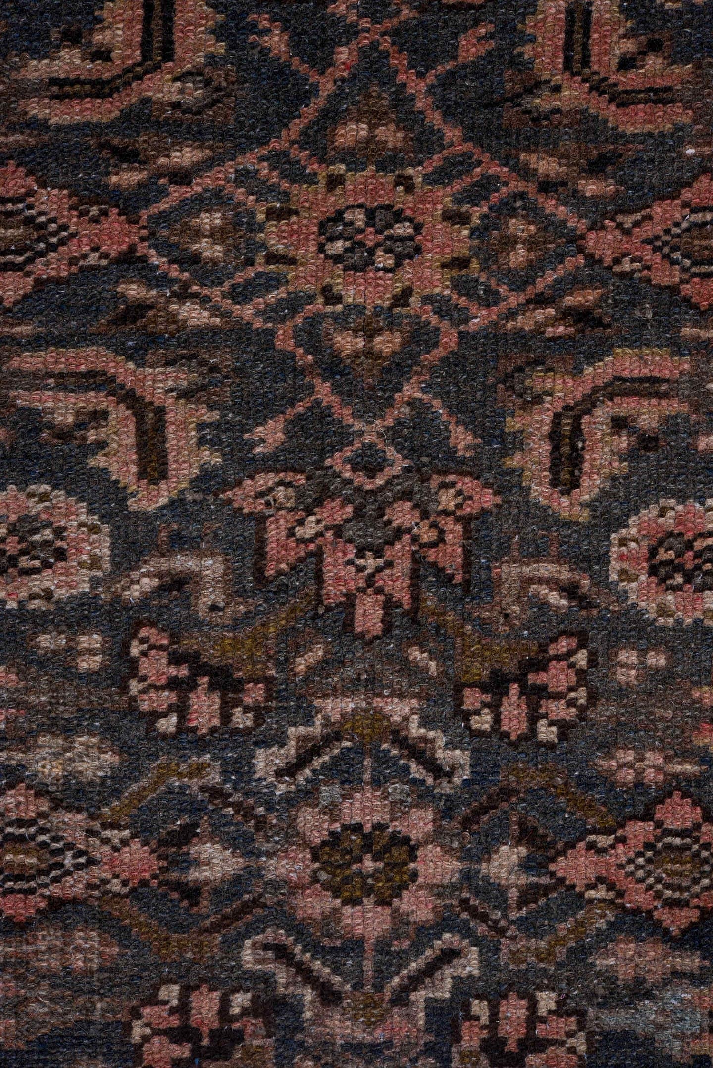 3' x 9' one-of-a-kind handmade antique Malayer runner rug. Color palette: navy, taupe, rose, camel, ivory, charcoal, brown