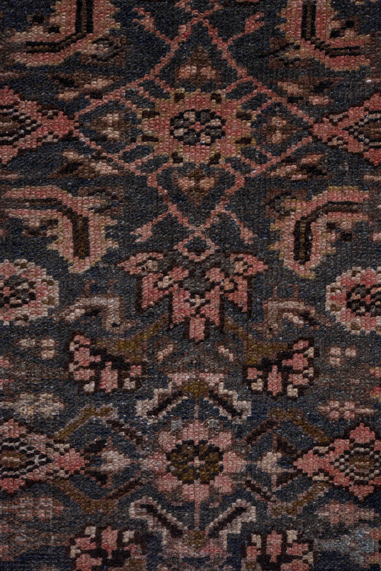 3' x 9' one-of-a-kind handmade antique Malayer runner rug. Color palette: navy, taupe, rose, camel, ivory, charcoal, brown