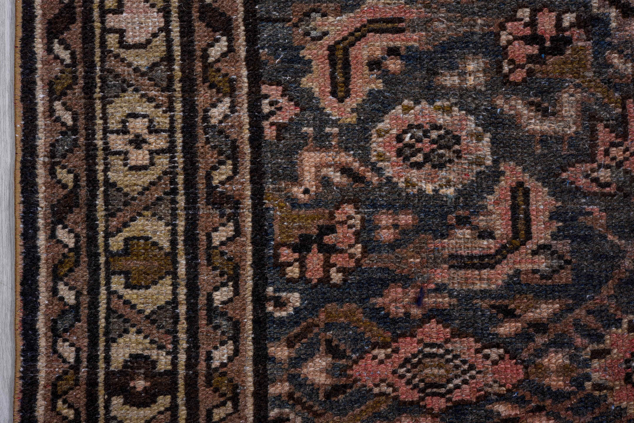 3' x 9' one-of-a-kind handmade antique Malayer runner rug. Color palette: navy, taupe, rose, camel, ivory, charcoal, brown