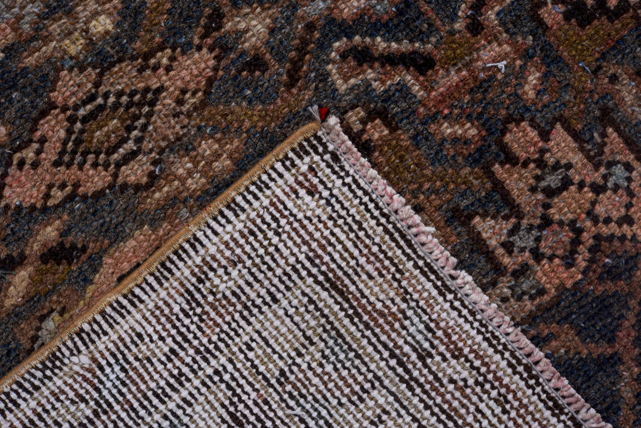 3' x 9' one-of-a-kind handmade antique Malayer runner rug. Color palette: navy, taupe, rose, camel, ivory, charcoal, brown