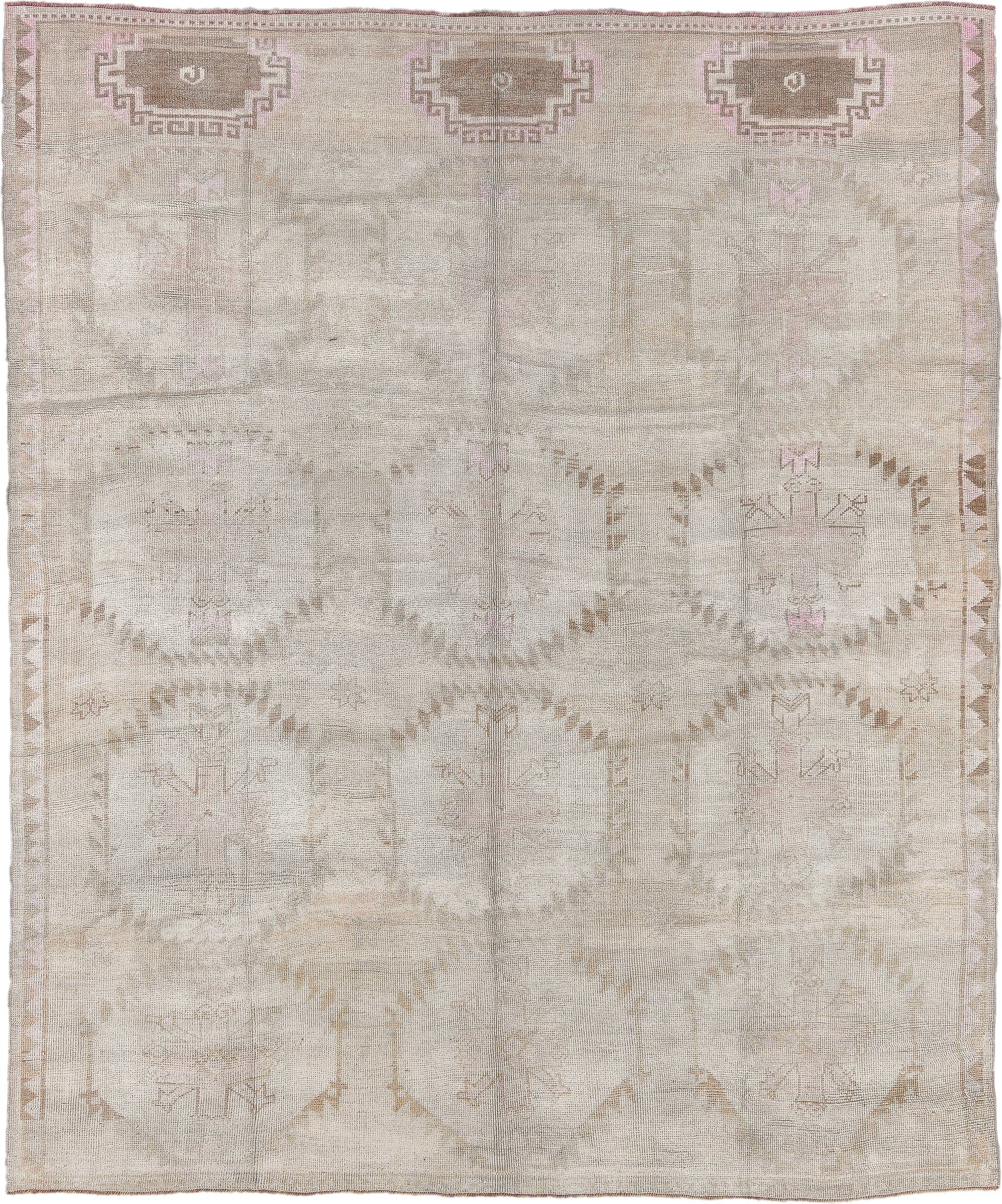 9' x 10' one-of-a-kind handmade antique Kars large size rug. Color palette: ivory, taupe, blush, camel, beige, rose, brown