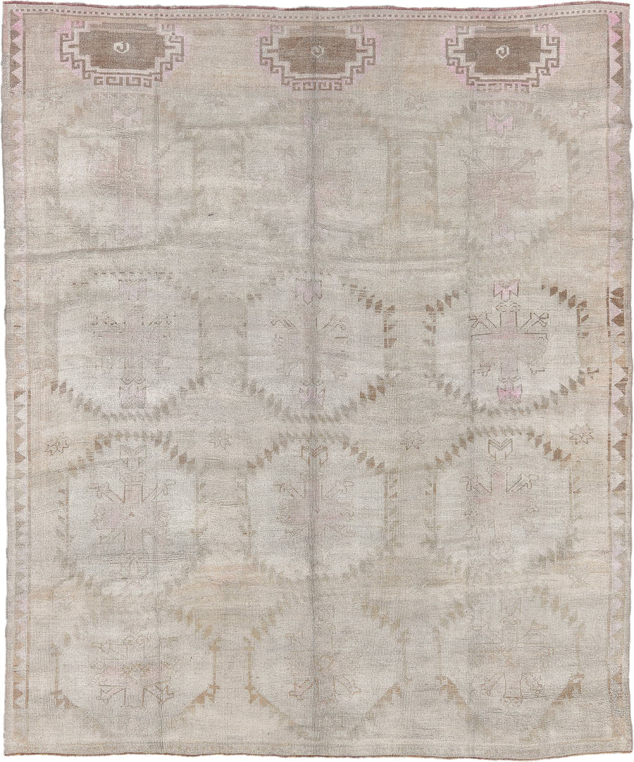 9' x 10' one-of-a-kind handmade antique Kars large size rug. Color palette: ivory, taupe, blush, camel, beige, rose, brown