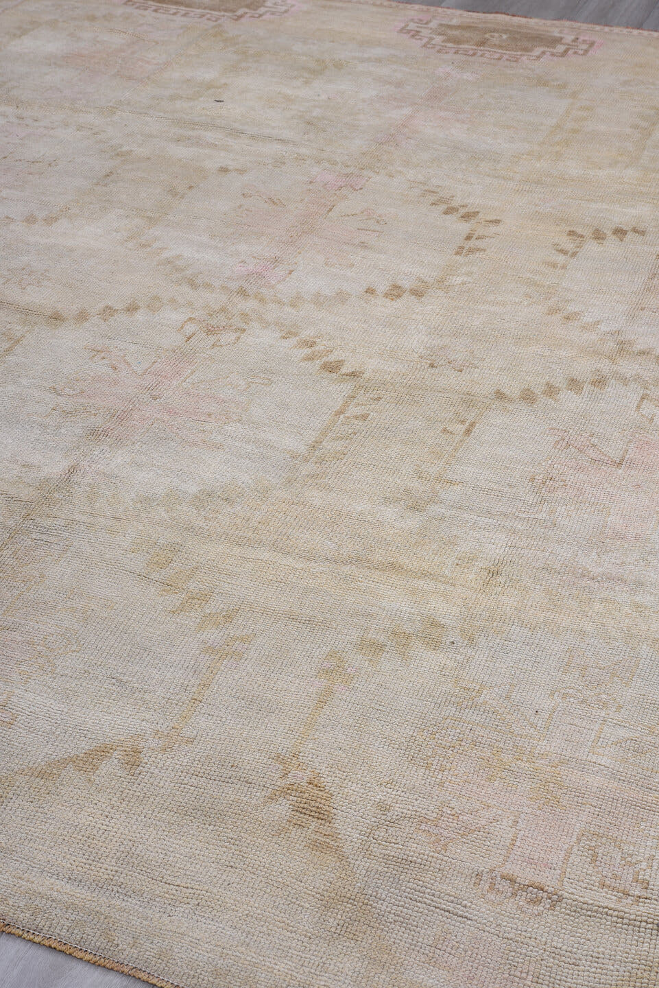9' x 10' one-of-a-kind handmade antique Kars large size rug. Color palette: ivory, taupe, blush, camel, beige, rose, brown