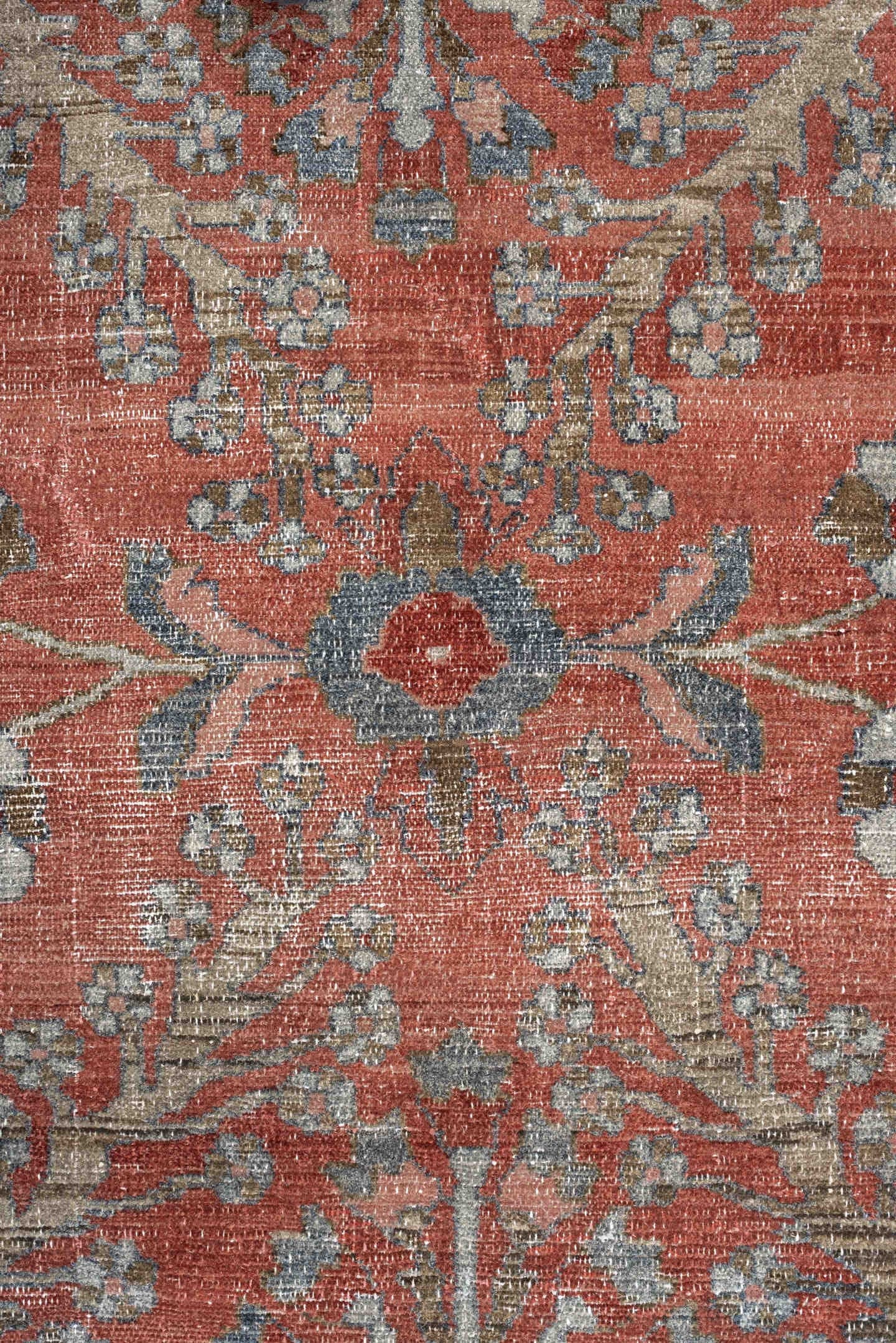 3' x 5' one-of-a-kind handmade antique Lilian small size rug. Color palette: terracotta, ivory, taupe, slate, camel, rust