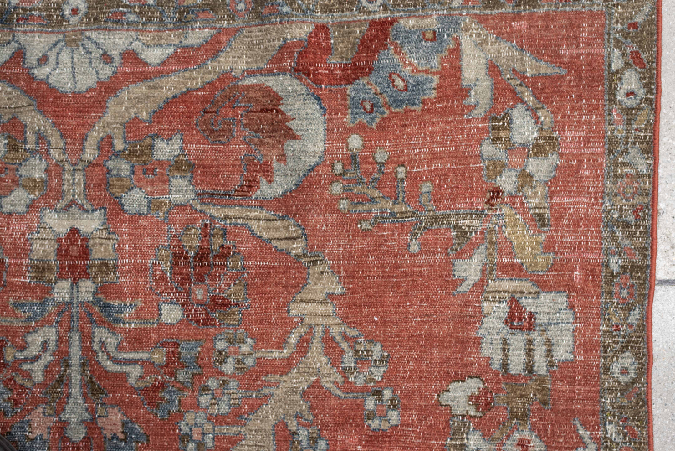 3' x 5' one-of-a-kind handmade antique Lilian small size rug. Color palette: terracotta, ivory, taupe, slate, camel, rust