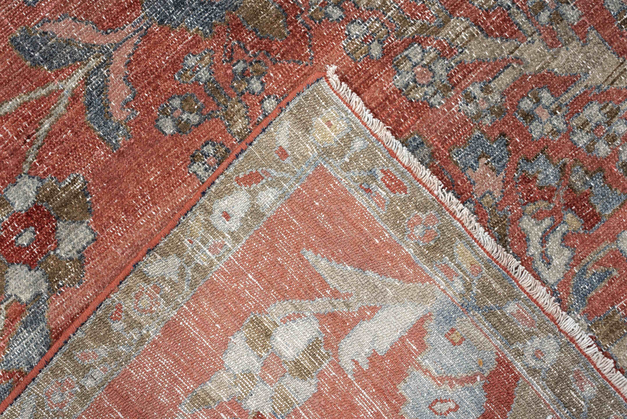 3' x 5' one-of-a-kind handmade antique Lilian small size rug. Color palette: terracotta, ivory, taupe, slate, camel, rust