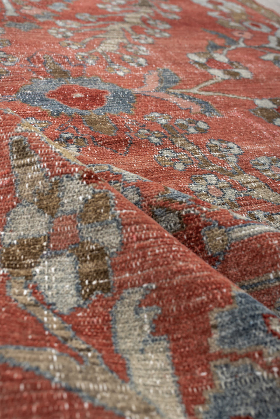 3' x 5' one-of-a-kind handmade antique Lilian small size rug. Color palette: terracotta, ivory, taupe, slate, camel, rust