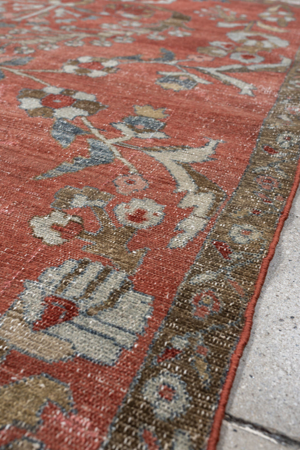 3' x 5' one-of-a-kind handmade antique Lilian small size rug. Color palette: terracotta, ivory, taupe, slate, camel, rust
