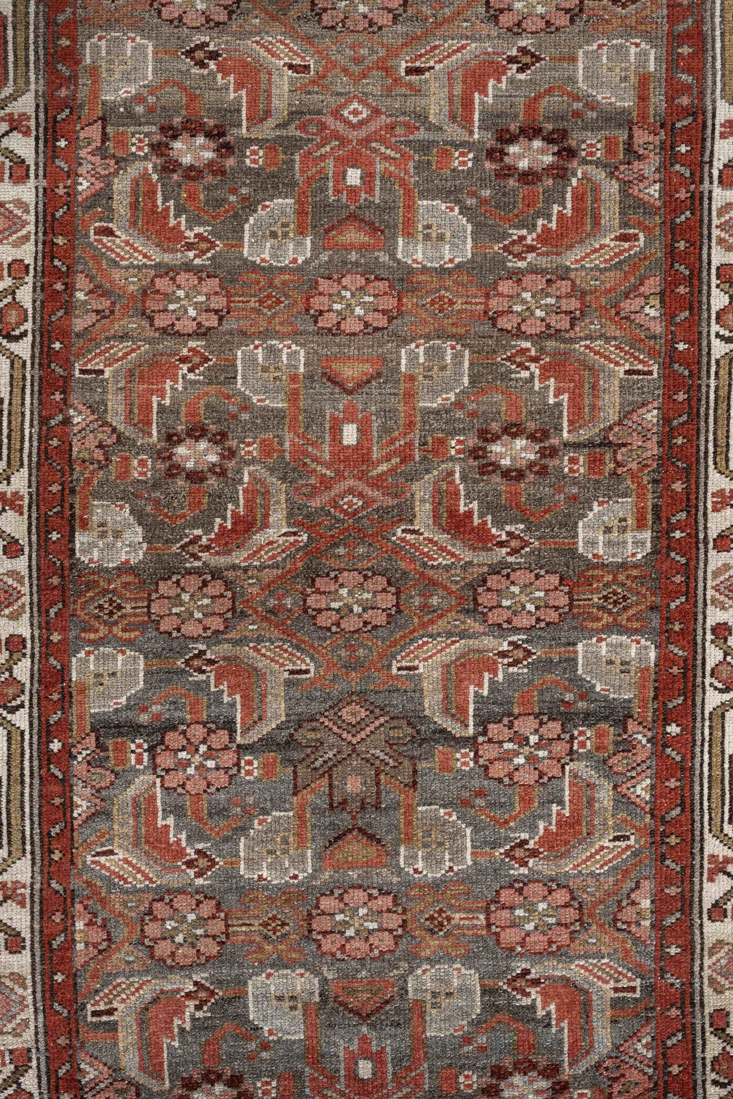 10' x 2' one-of-a-kind handmade vintage  rug. Color palette: slate, rust, ivory, terracotta, rose, charcoal, taupe, gray