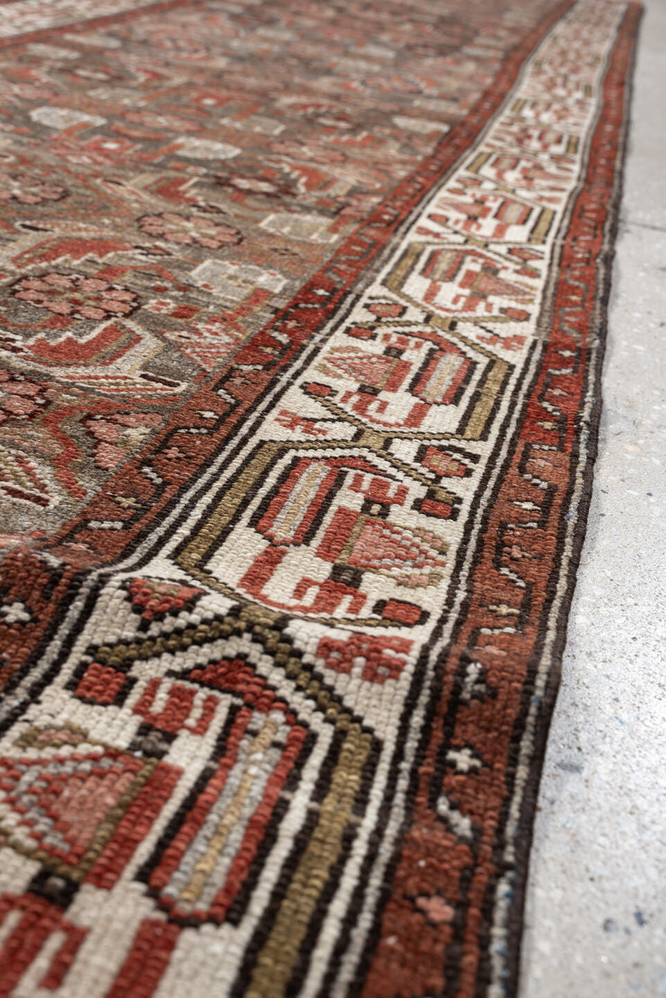 10' x 2' one-of-a-kind handmade vintage  rug. Color palette: slate, rust, ivory, terracotta, rose, charcoal, taupe, gray