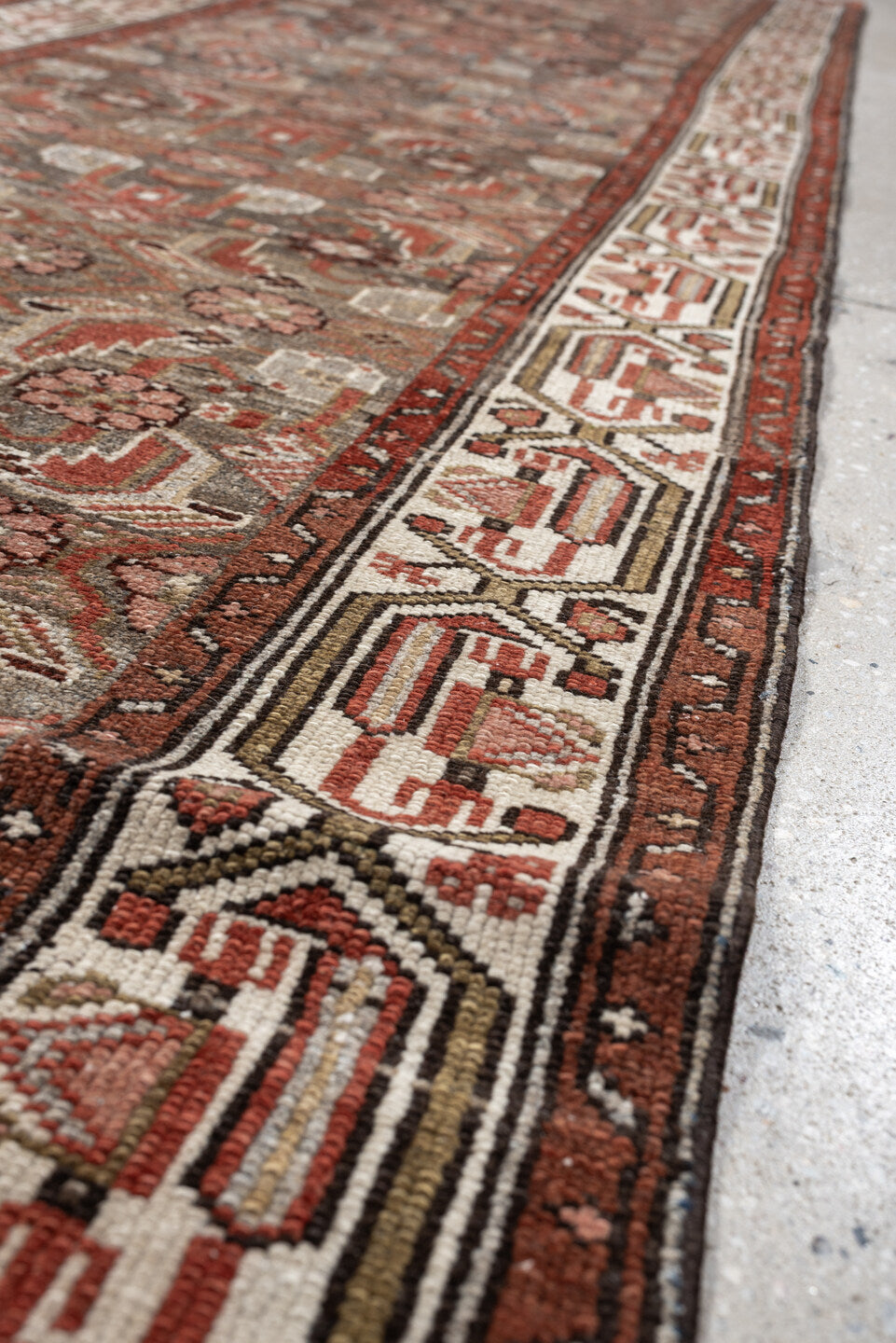 10' x 2' one-of-a-kind handmade vintage  rug. Color palette: slate, rust, ivory, terracotta, rose, charcoal, taupe, gray