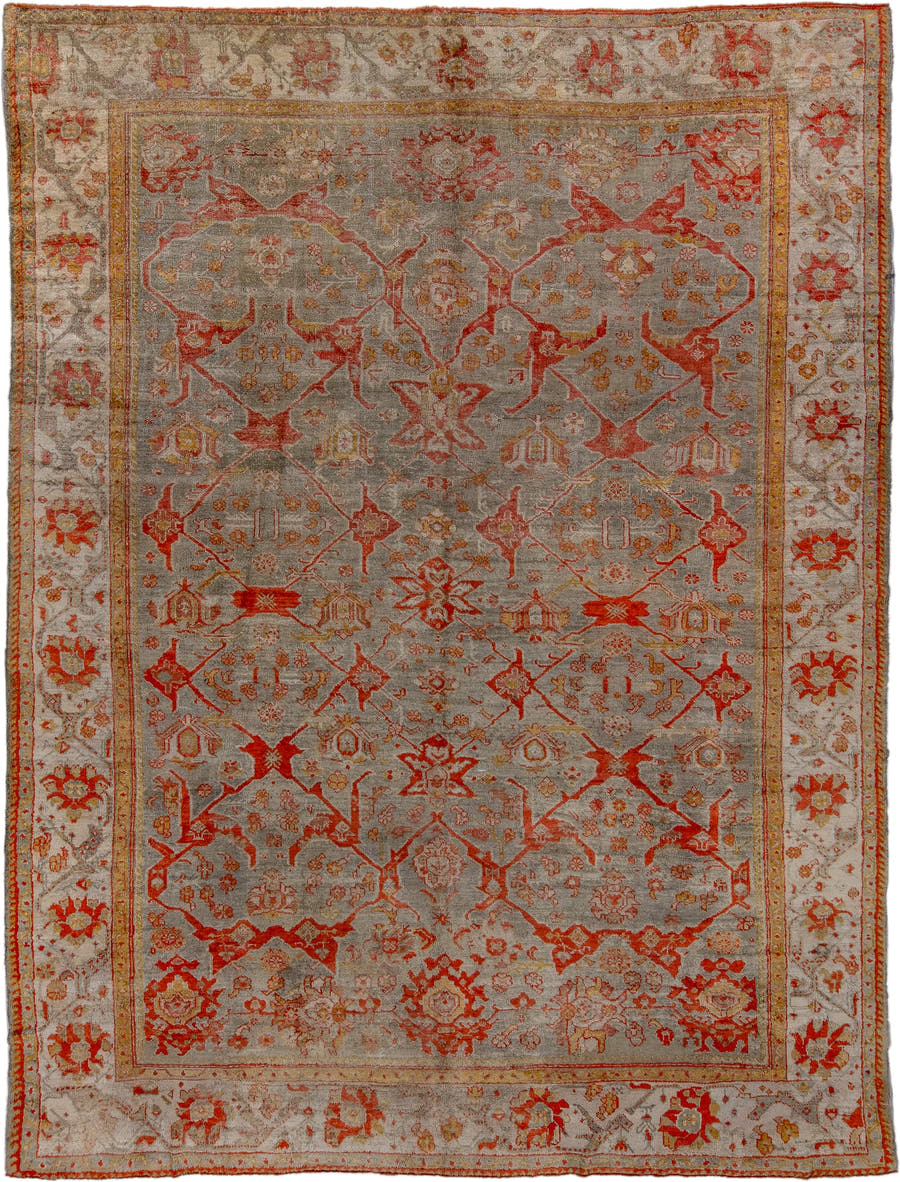 10' x 13' one-of-a-kind handmade antique Oushak large size rug. Color palette: gray, ivory, coral, rust, gold, beige, taupe