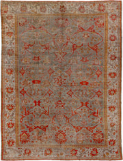 10' x 13' one-of-a-kind handmade antique Oushak large size rug. Color palette: gray, ivory, coral, rust, gold, beige, taupe