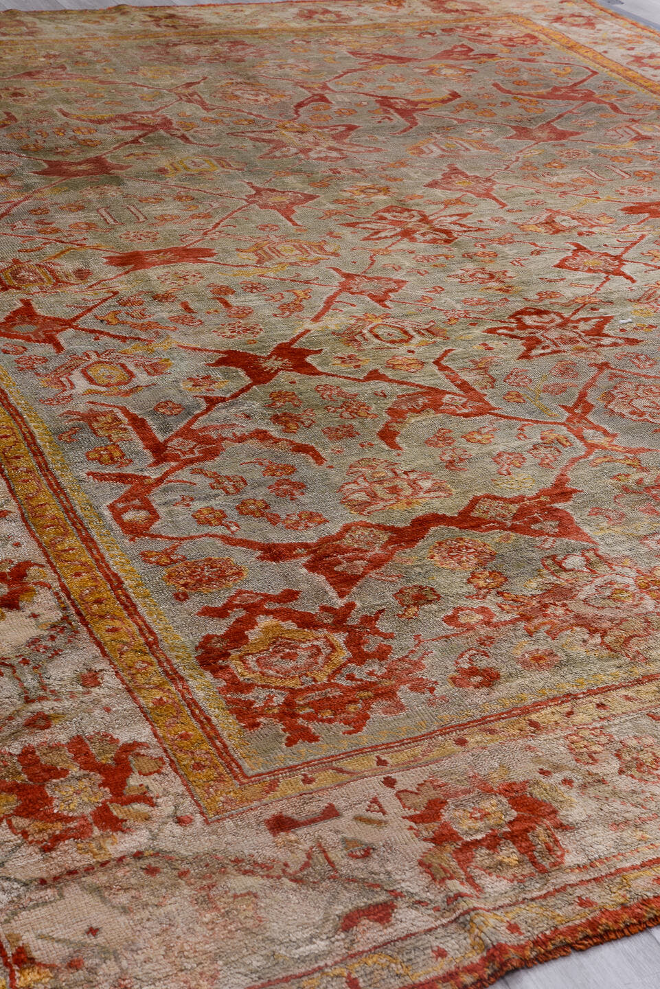 10' x 13' one-of-a-kind handmade antique Oushak large size rug. Color palette: gray, ivory, coral, rust, gold, beige, taupe