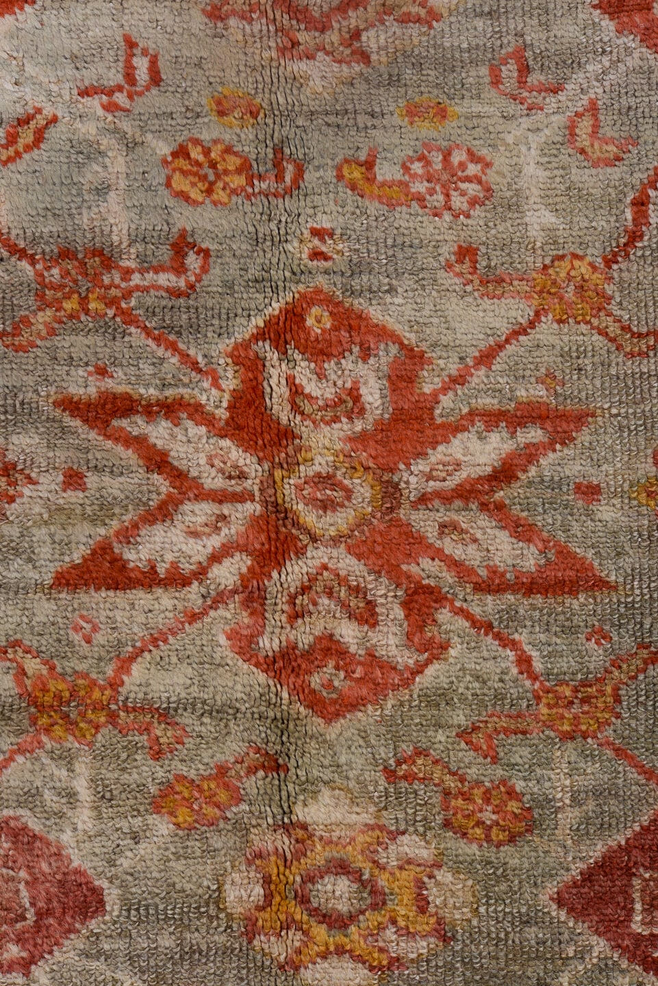 10' x 13' one-of-a-kind handmade antique Oushak large size rug. Color palette: gray, ivory, coral, rust, gold, beige, taupe