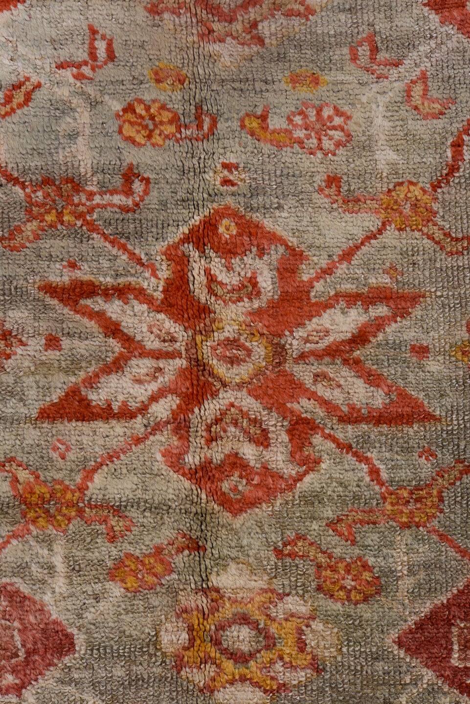10' x 13' one-of-a-kind handmade antique Oushak large size rug. Color palette: gray, ivory, coral, rust, gold, beige, taupe