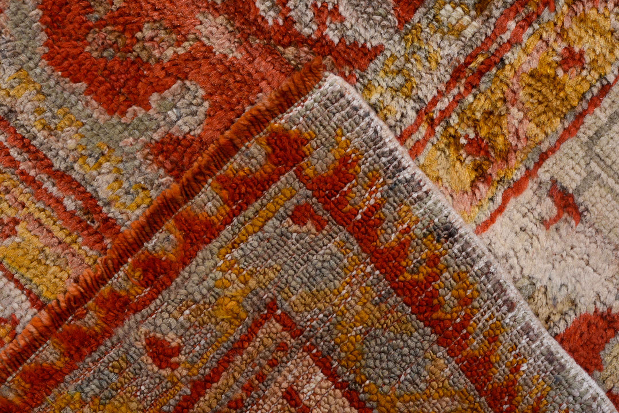 10' x 13' one-of-a-kind handmade antique Oushak large size rug. Color palette: gray, ivory, coral, rust, gold, beige, taupe