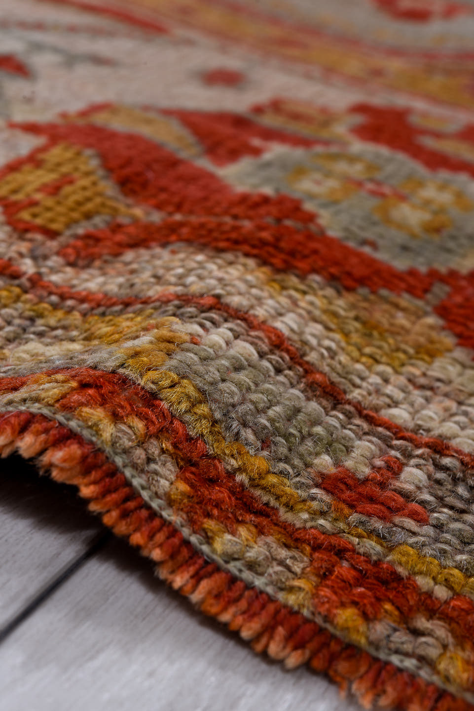 10' x 13' one-of-a-kind handmade antique Oushak large size rug. Color palette: gray, ivory, coral, rust, gold, beige, taupe
