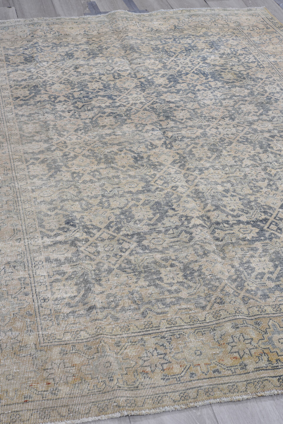 5' x 7' one-of-a-kind handmade vintage Tabriz rug. Color palette: black, blue, charcoal, dark gray, dim gray, floral white