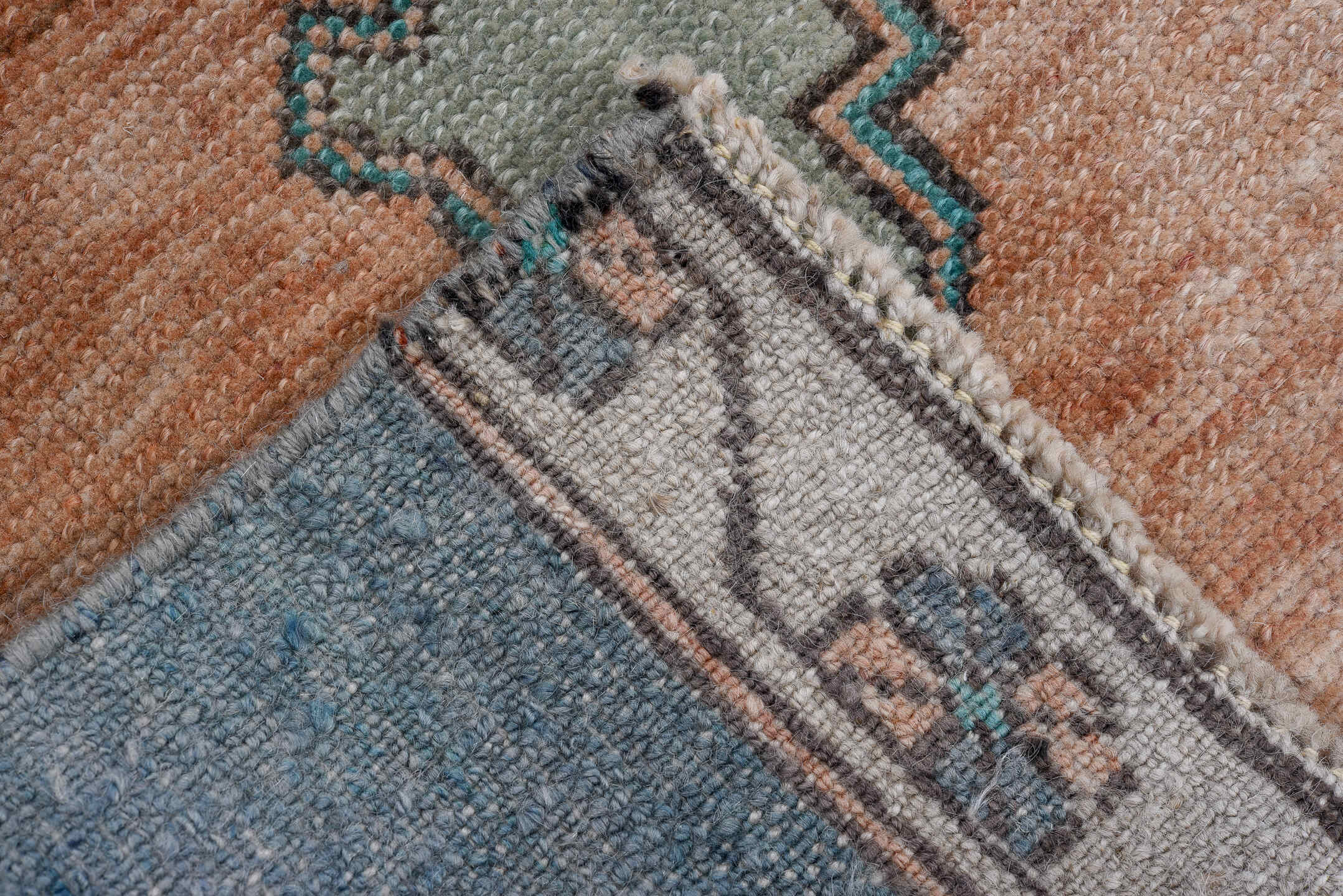 2' x 3' one-of-a-kind handmade vintage Oushak small size rug. Color palette: blue, brown, dark gray, fiord, gray, light blue